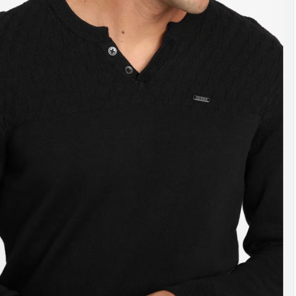 black Men's Guess brand Henley sweater featuring a textured knit yoke and a thre